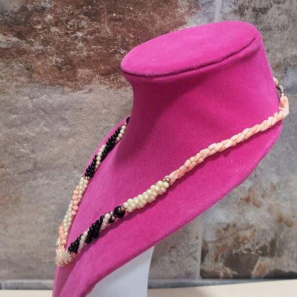 Multi Strand Beads Necklace Two Twisted Strands Pink Black White Beads - Picture 6 of 10